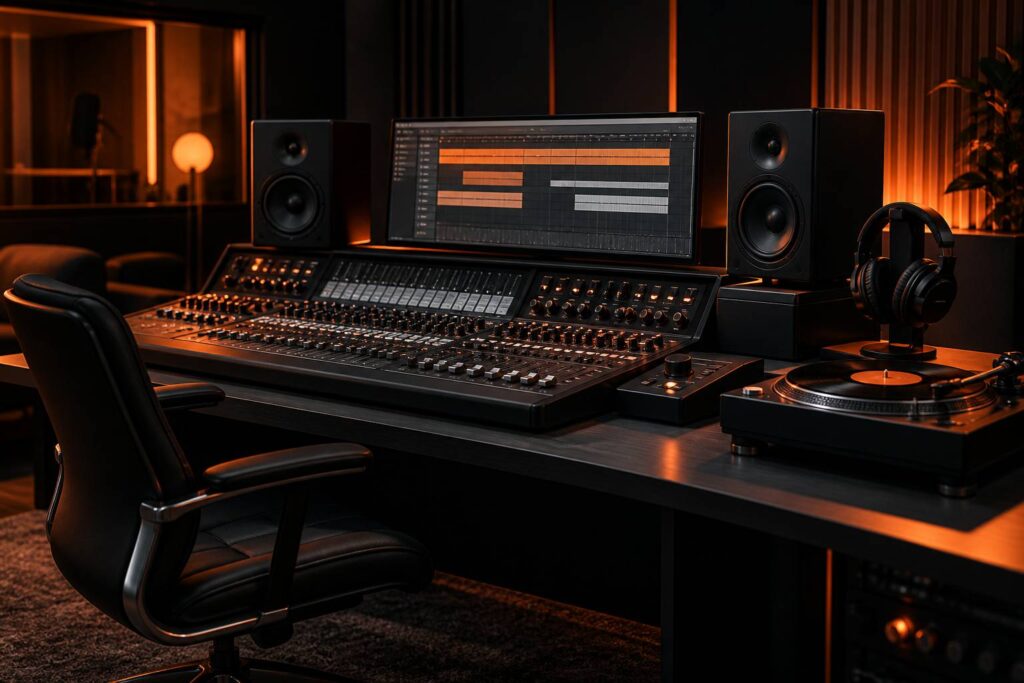 Console de mixage dans un studio de création musicale sombre