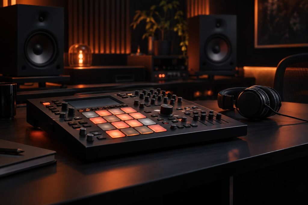 Platine d'échantillonnage aux pads colorés dans un studio sombre