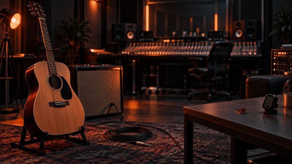 Guitare folk générique sur un stand dans un studio sombre avec amplificateur