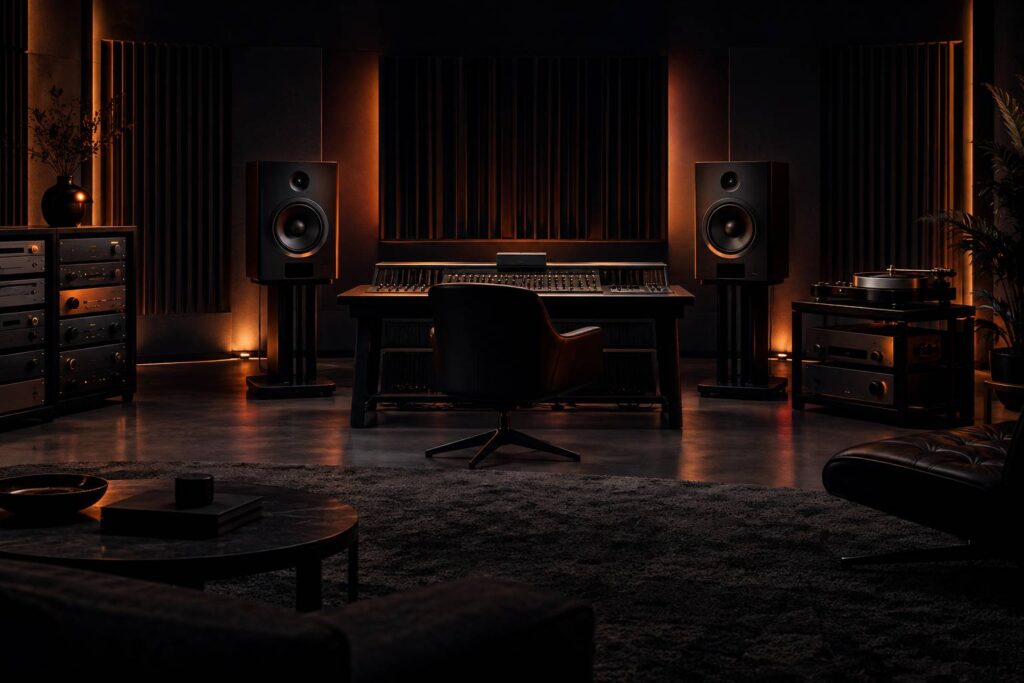 Studio de mastering sombre avec enceintes de monitoring et rack d'effets