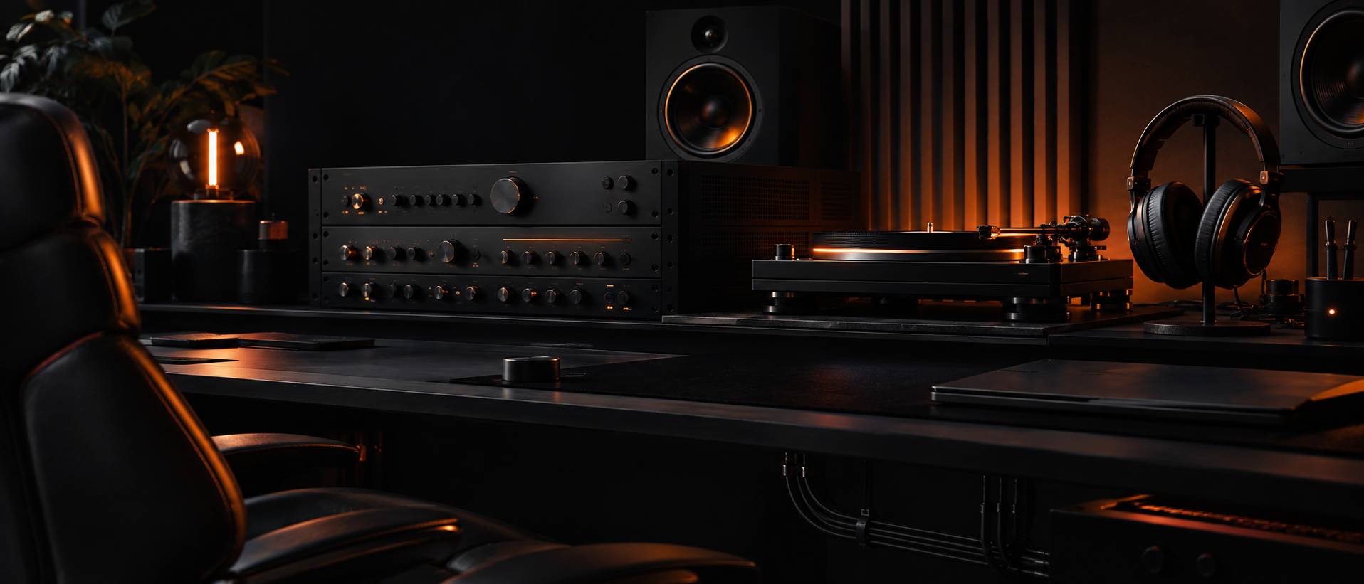 Poste de travail audio en home-studio avec rack et casque sur support