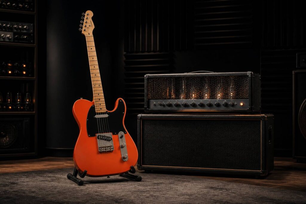 Guitare électrique rouge-orangée sur support dans un studio sombre avec ampli