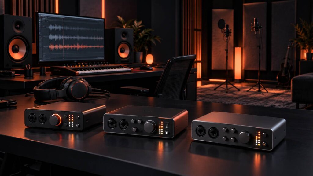 Illustration éditoriale du sujet : Top 12 des Interfaces Audio Indispensables pour Votre Home Studio en 2026