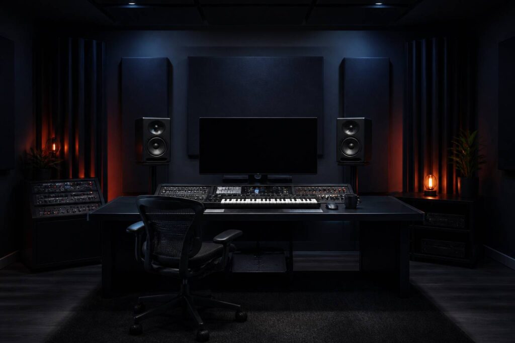 Home studio sombre équipé de panneaux acoustiques et bass traps d'angle