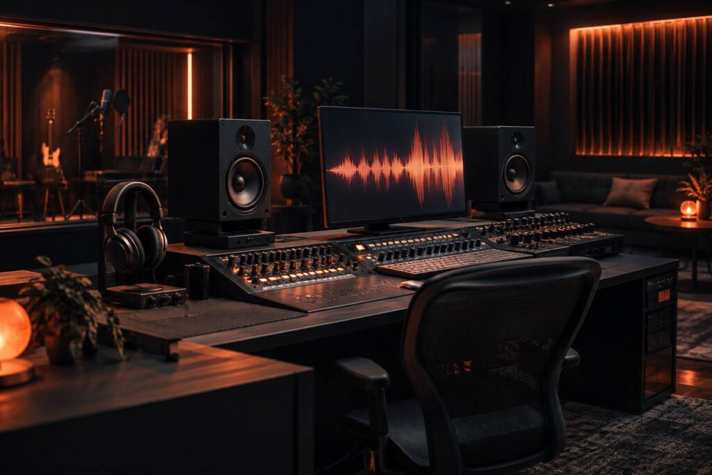 Ecran d'ordinateur avec forme d'onde audio dans un studio sombre
