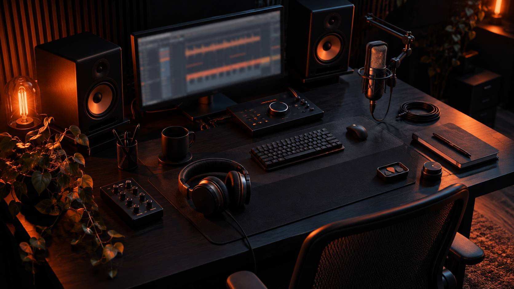 Bureau de studio audio avec casque, micro et cables