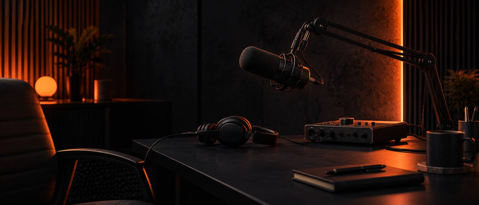 Coin enregistrement podcast avec microphone générique, interface audio et casque